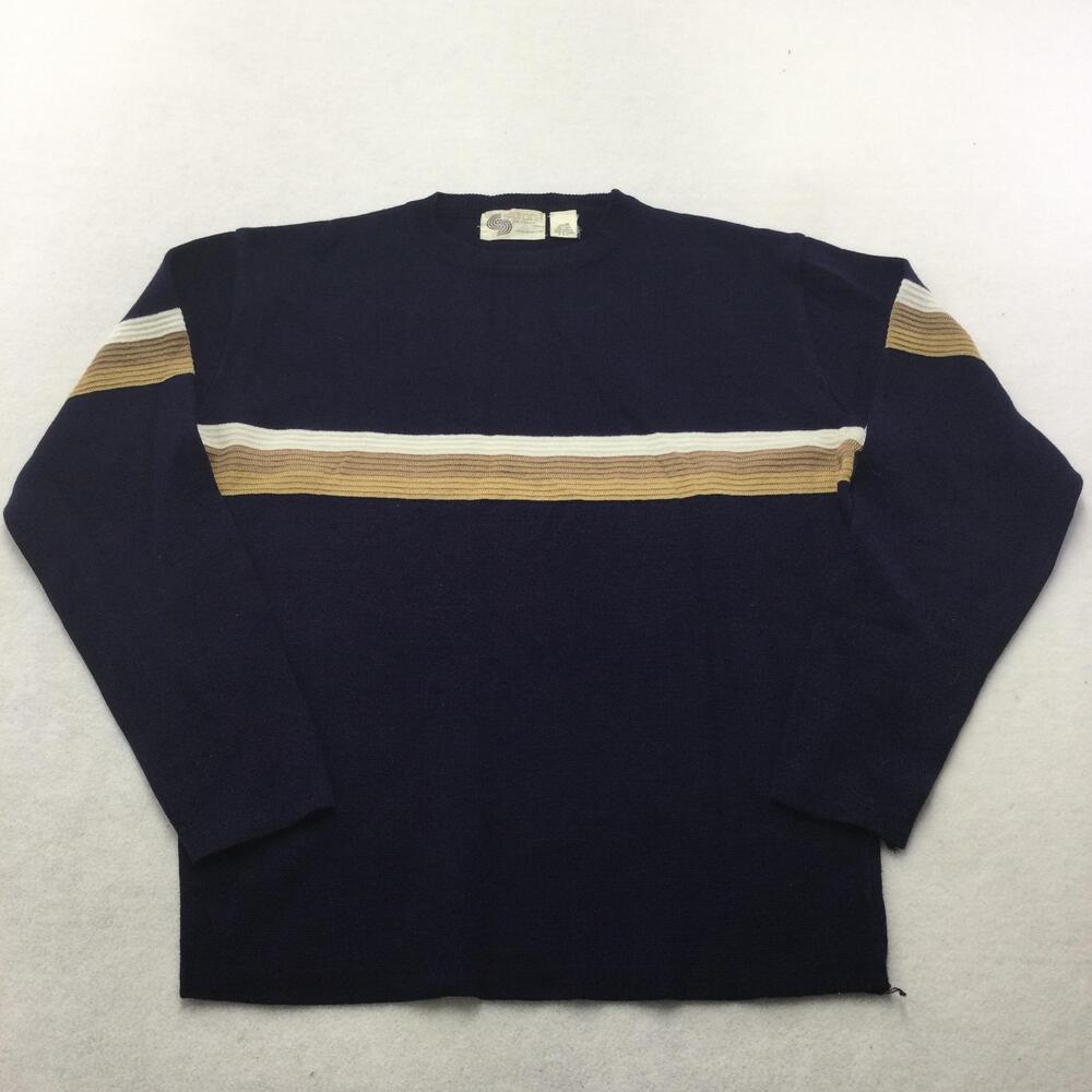 Vintage Silton Sweater Mens XL Blue Striped Crew Neck Acrylic Knit Retro